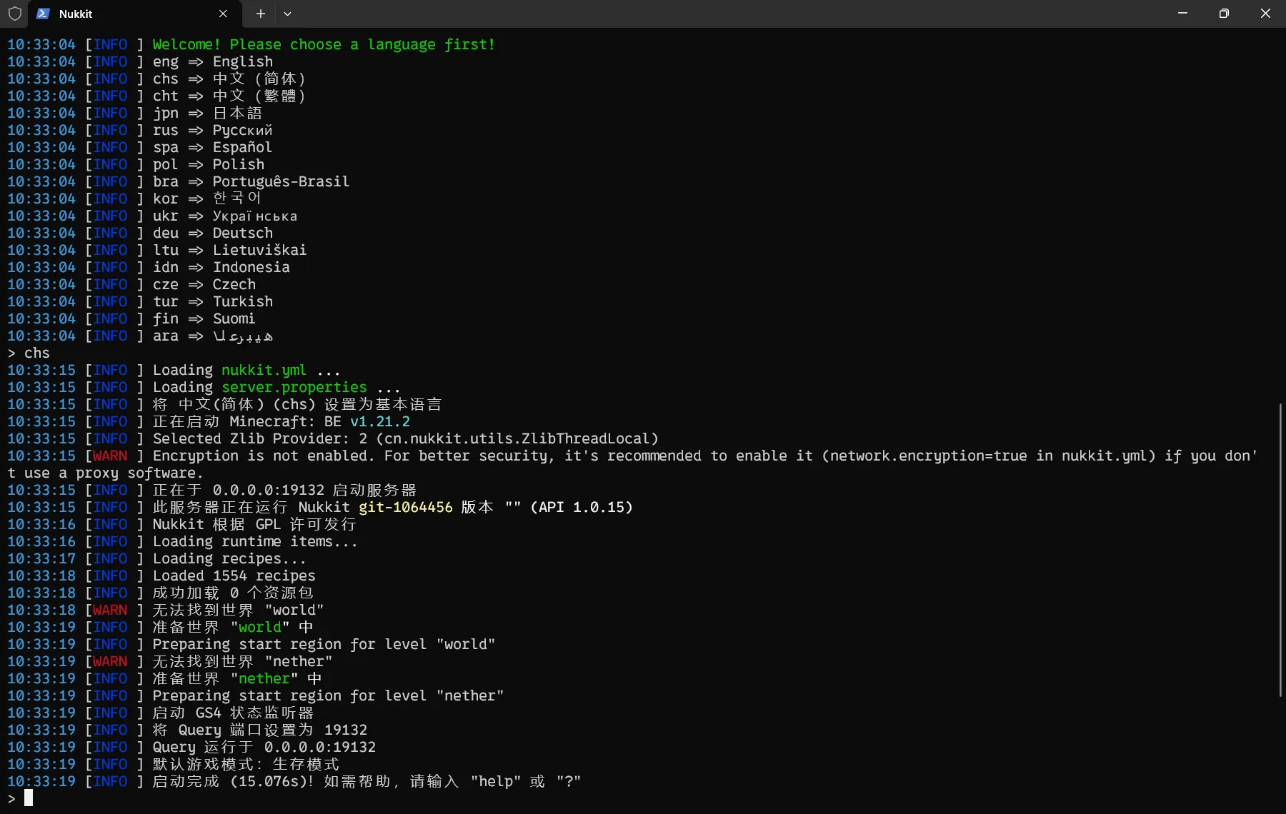 Nukkit 运行时的样子